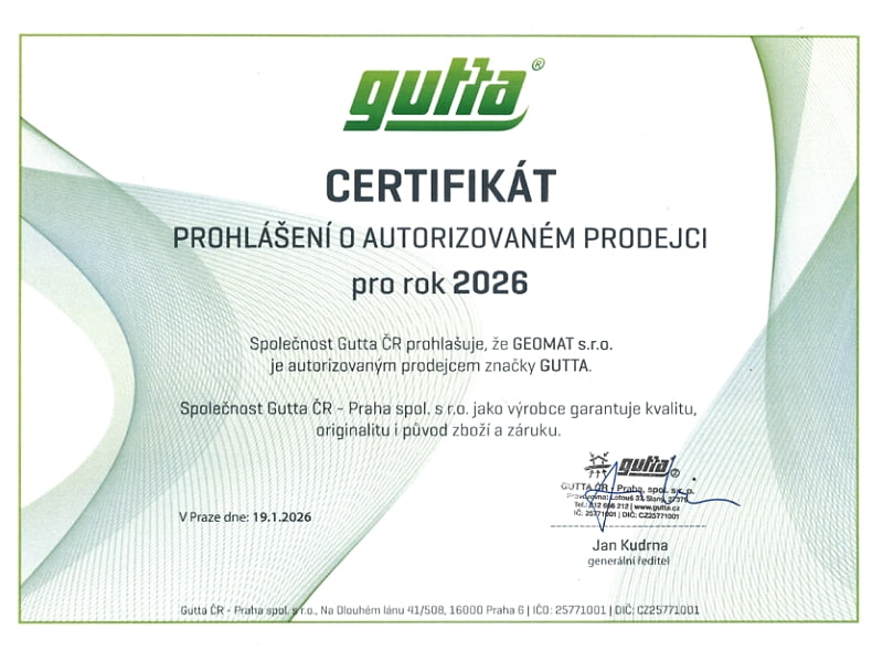 Certifikát autorizovaného prodejce od společnosti Gutta (2026)